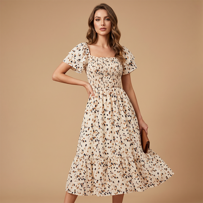 🌈2026 Summer Hot Sale 50% OFF!✨Square Neck Floral Midi Dress – Smocked Bodice, Flowy Tiered Skirt, Romantic 🌸