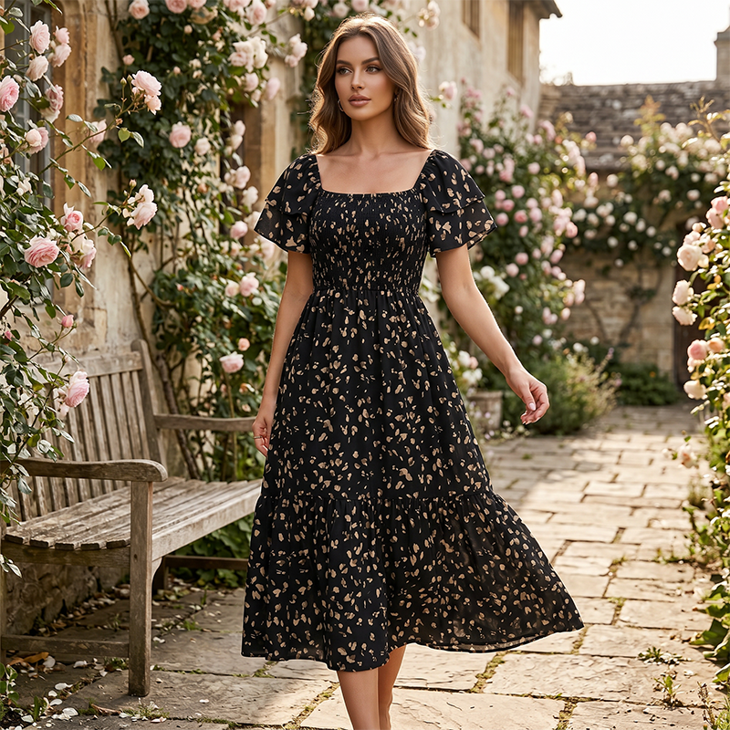 🌈2026 Summer Hot Sale 50% OFF!✨Square Neck Floral Midi Dress – Smocked Bodice, Flowy Tiered Skirt, Romantic 🌸