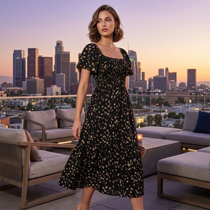 🌈2026 Summer Hot Sale 50% OFF!✨Square Neck Floral Midi Dress – Smocked Bodice, Flowy Tiered Skirt, Romantic 🌸