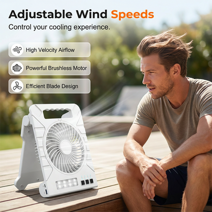 Dual-Power Outdoor Fan with Solar Panel and Light