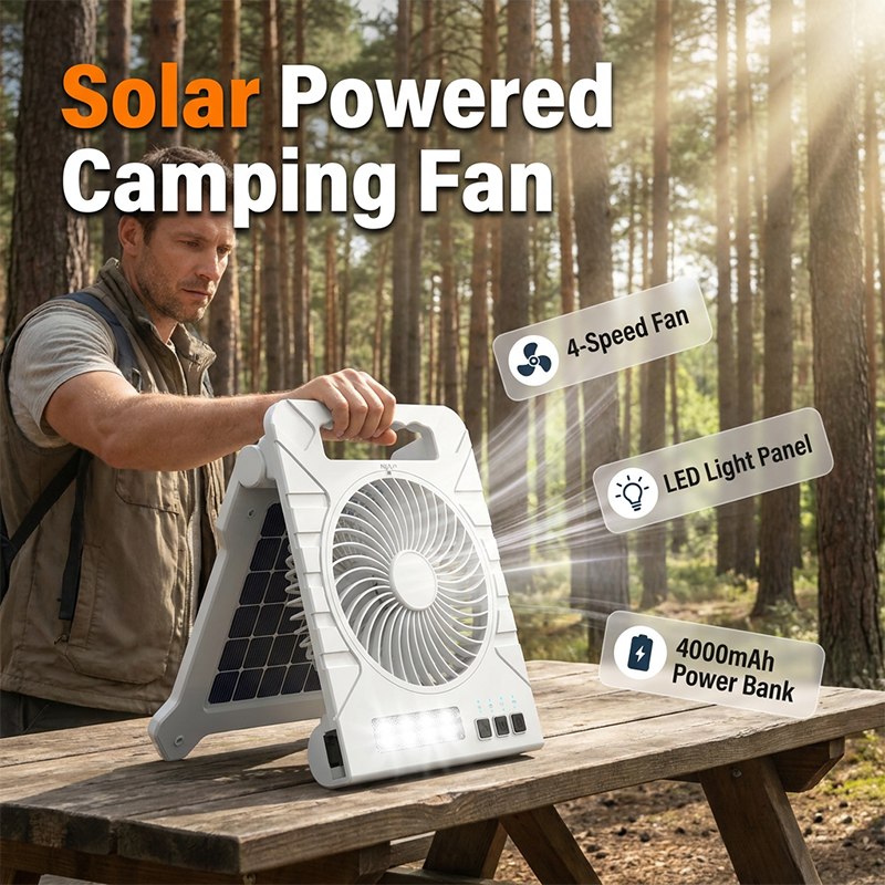 Dual-Power Outdoor Fan with Solar Panel and Light