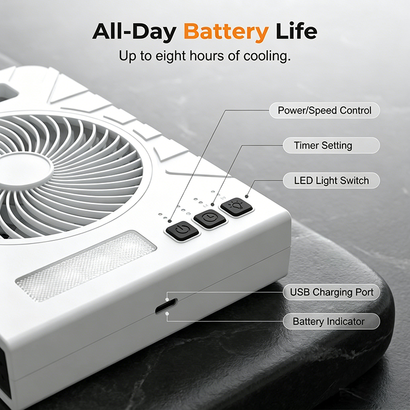 Dual-Power Outdoor Fan with Solar Panel and Light