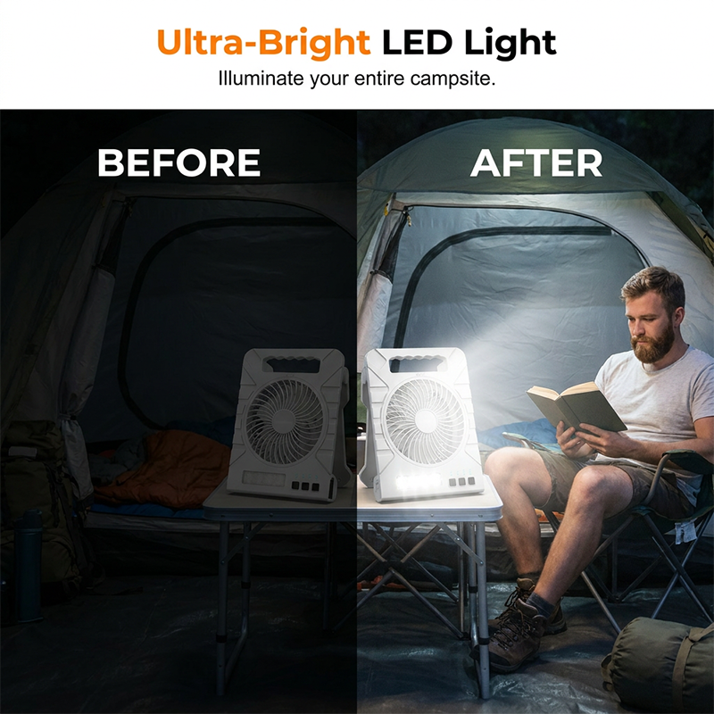 Dual-Power Outdoor Fan with Solar Panel and Light