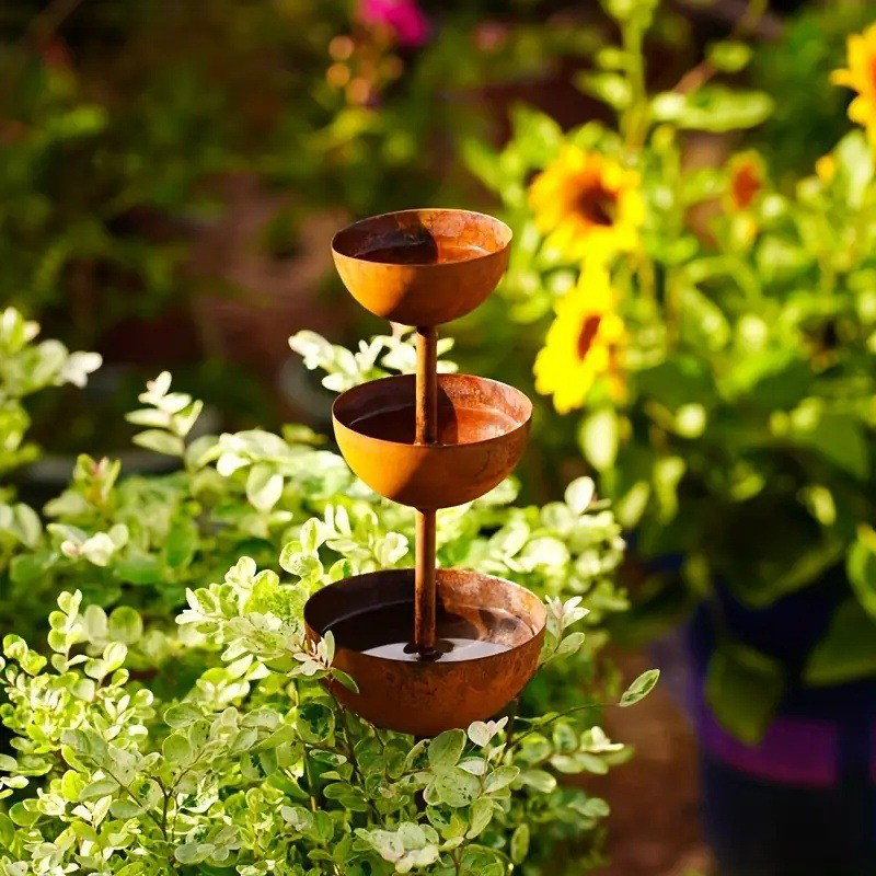 3-Tier Rustic Metal Bird Feeder & Drinker Stake