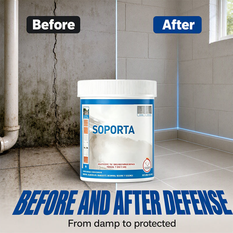 Before and after damp wall repair with clear waterproof coating