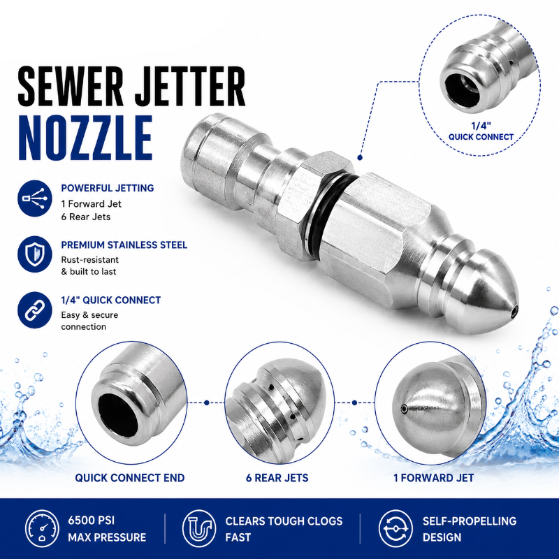 6500 PSI Stainless Steel Sewer Jetter Nozzle – 1/4" Quick Connect Drain Cleaning Attachment for Pressure Washers