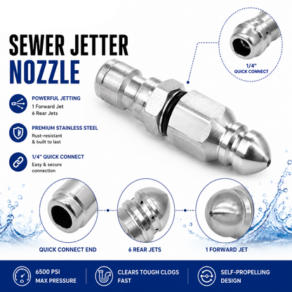 6500 PSI Stainless Steel Sewer Jetter Nozzle – 1/4" Quick Connect Drain Cleaning Attachment for Pressure Washers